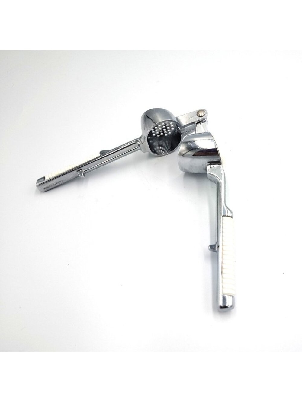 Vintage Pedrini Italy Garlic Press Chrome White Handles Heavy Duty Kitchen Tool